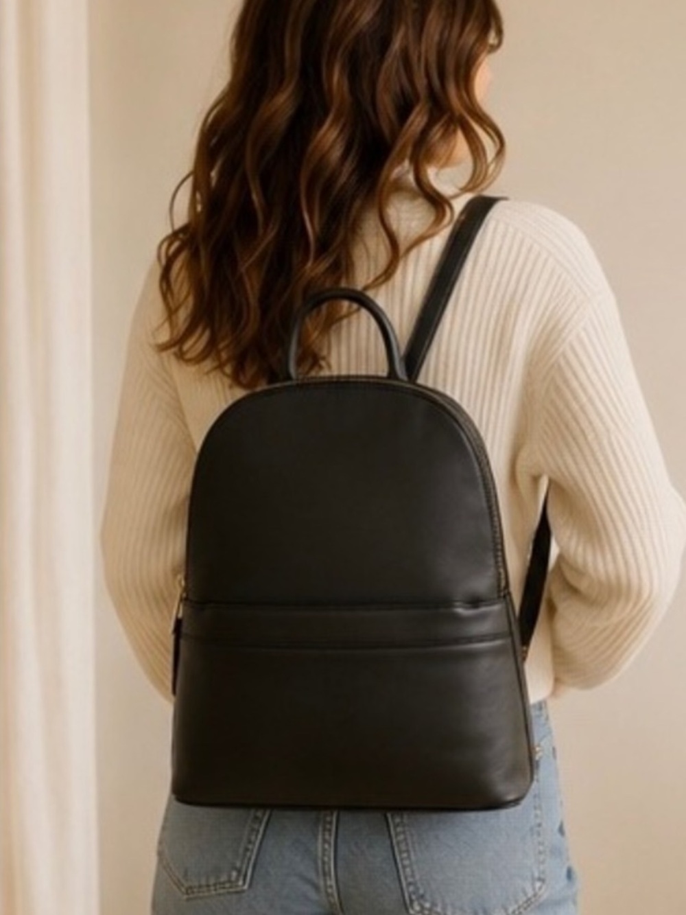 A New Day Black Faux Leather Dome Zip Top Backpack